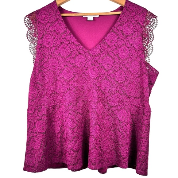 Additional Elle lace sleeveless blouse, 3X, magenta, vneck, peplum, lined, Party - Picture 1 of 12